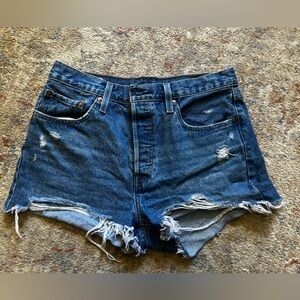 Levi's 501 Blue Jean Shorts with Frayed Hem and Distressed Look